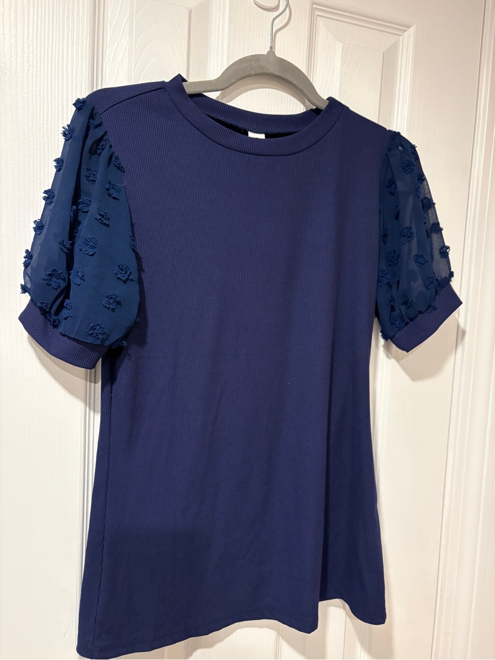 Buckle Navy Blue Ribbed Shirt with Puff Sleeves Size Small